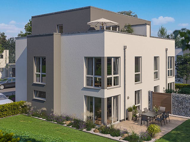 Massivhaus Doppelhaus Forneo von Kern-Haus Schlüsselfertig ab 529900€, Cubushaus Außenansicht 1