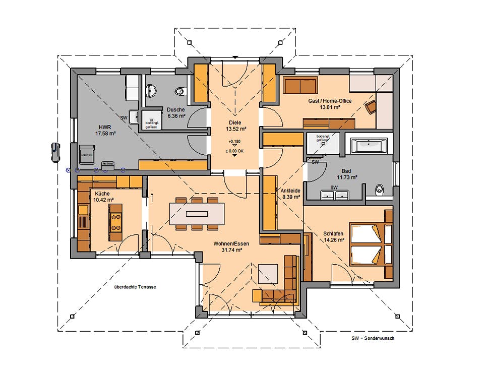 Massivhaus Bungalow Kalea von Kern-Haus Schlüsselfertig ab 422900€, Bungalow Grundriss 1