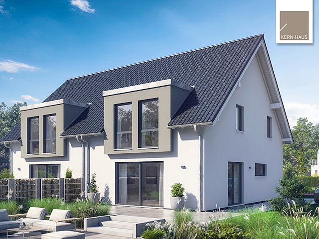 Fertighaus Doppelhaus Viseo von Kern-Haus Schlüsselfertig ab 395900€, Satteldach-Klassiker Außenansicht 1