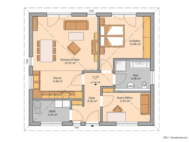 Massivhaus BUNGALOW EASY von Kern-Haus Chemnitz Schlüsselfertig ab 242900€, Bungalow Grundriss 1