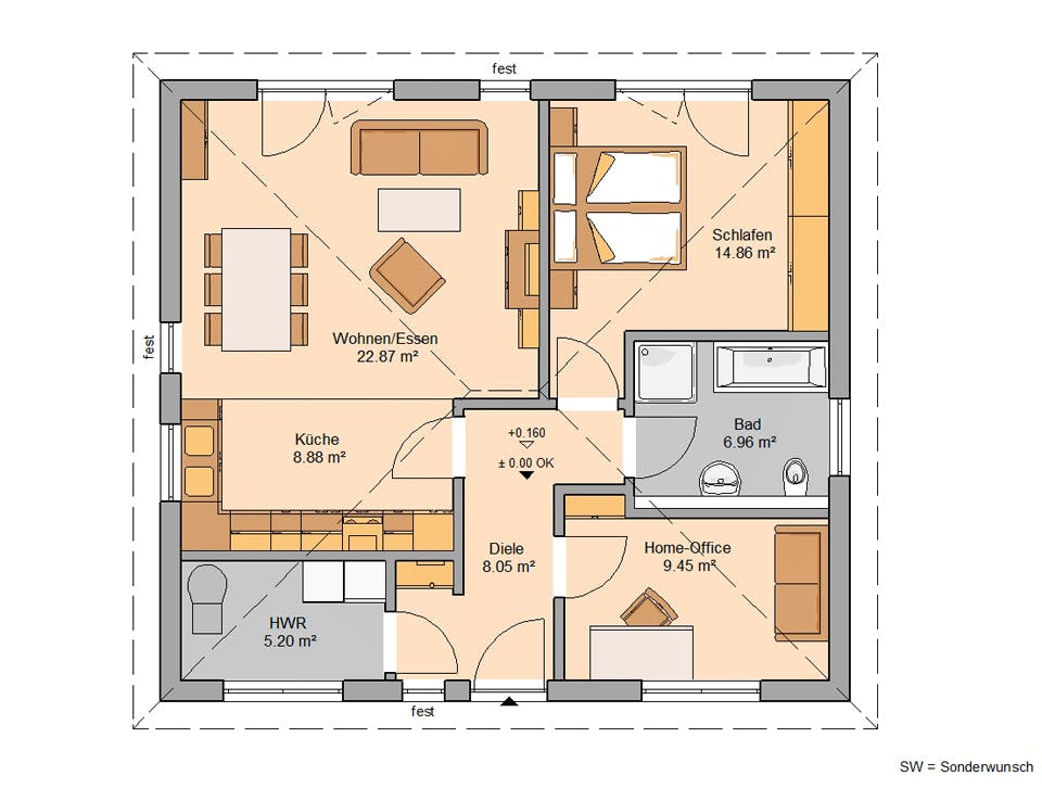 Massivhaus BUNGALOW EASY von Kern-Haus Chemnitz Schlüsselfertig ab 242900€, Bungalow Grundriss 1