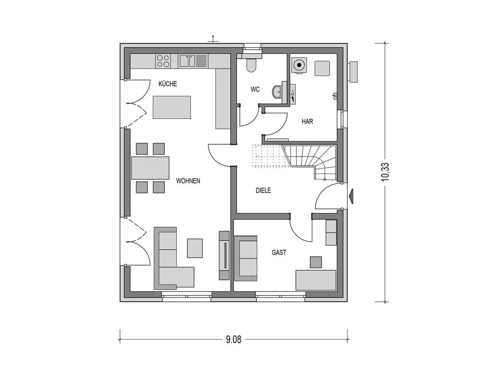 Massivhaus KLASSIK  2610 von KONZEPTHAUS Schlüsselfertig ab 318400€, Satteldach-Klassiker Grundriss 1