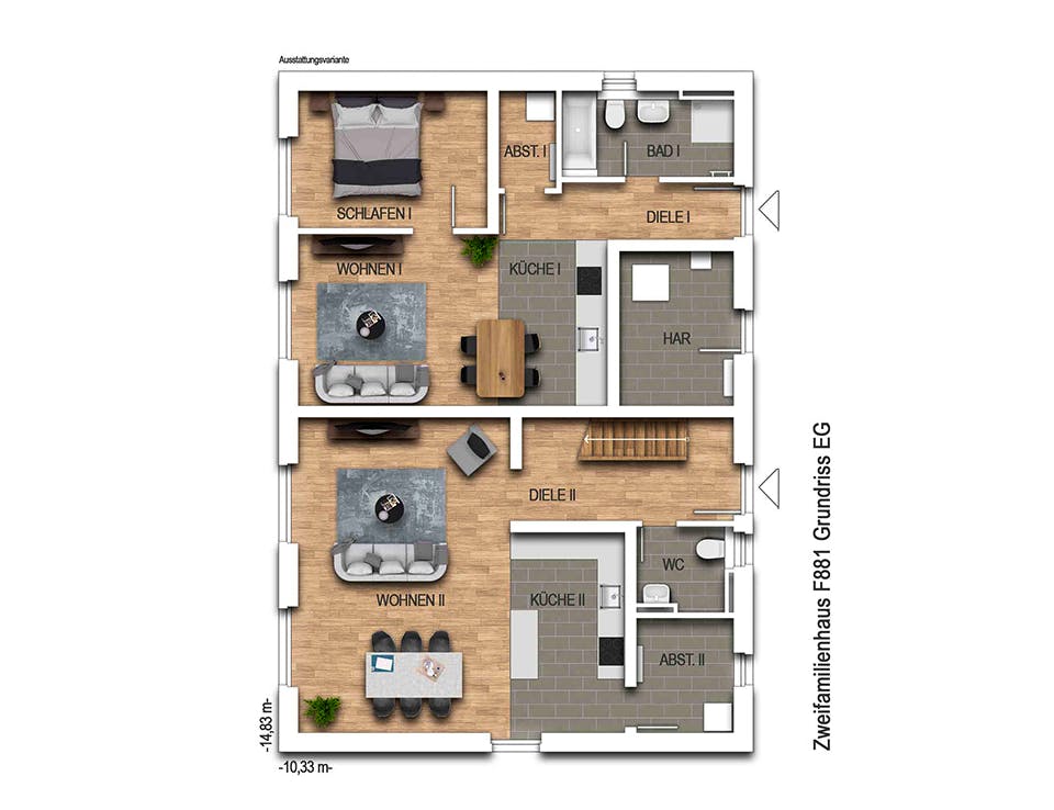 Massivhaus ZWEIFAMILIENHAUS 2881 von KONZEPTHAUS Schlüsselfertig ab 465200€, Satteldach-Klassiker Grundriss 1