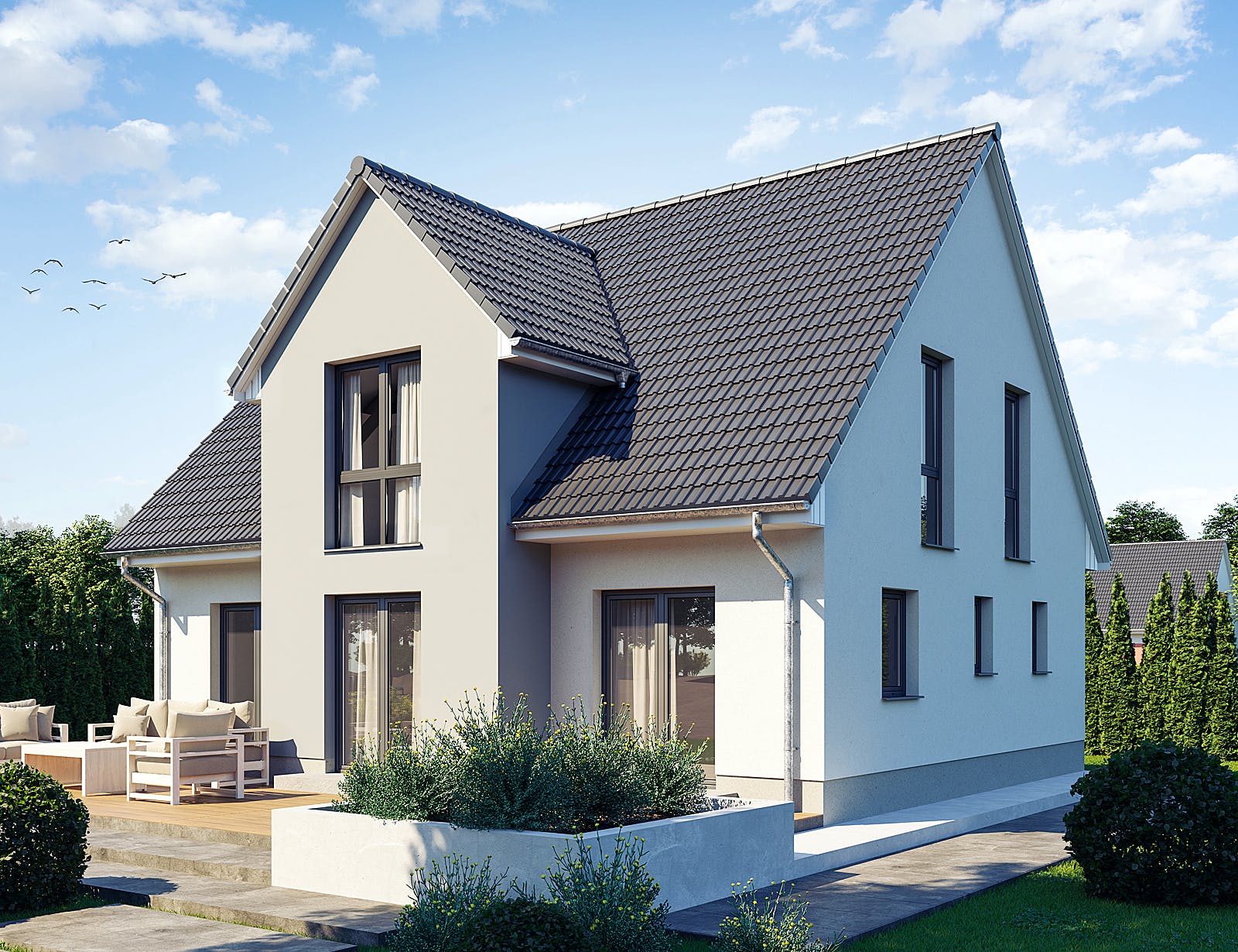 Massivhaus KLASSIK 2710 von KONZEPTHAUS Schlüsselfertig ab 355300€, Satteldach-Klassiker Außenansicht 1