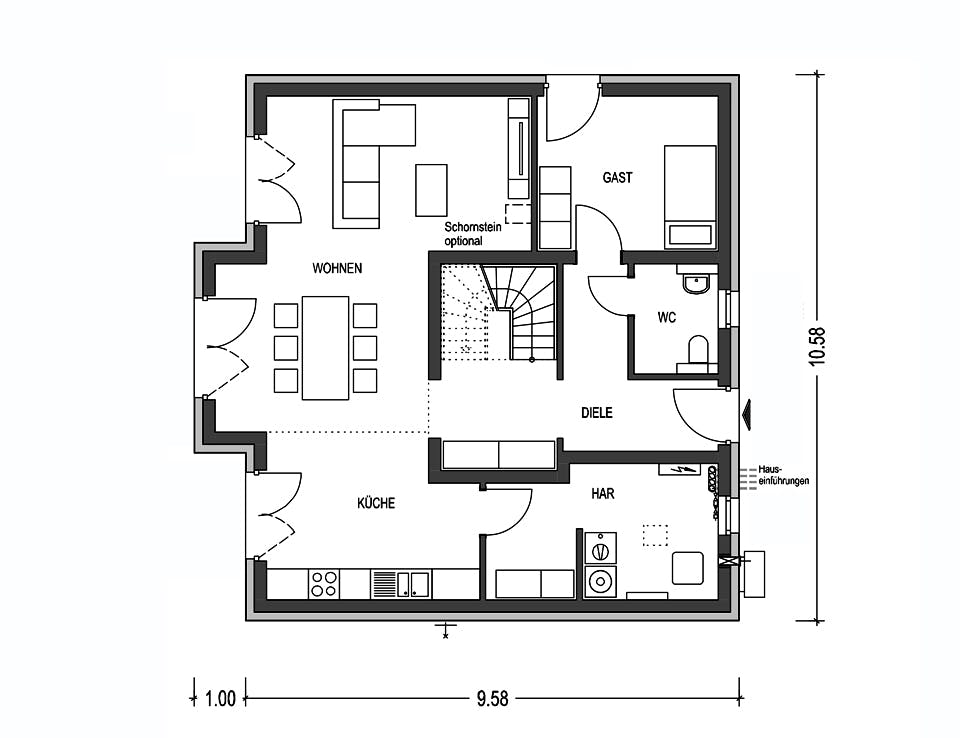 Massivhaus KLASSIK 2710 von KONZEPTHAUS Schlüsselfertig ab 355300€, Satteldach-Klassiker Grundriss 1