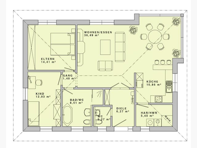 Massivhaus Bungalow 100 B von Lechner Massivhaus, Bungalow Grundriss 1