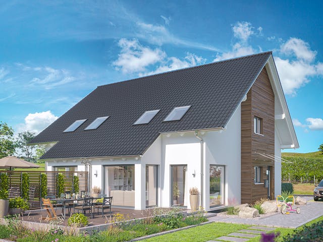 Fertighaus SOLUTION 125 L V2 von Living Fertighaus Schlüsselfertig ab 377482€, Satteldach-Klassiker Außenansicht 1