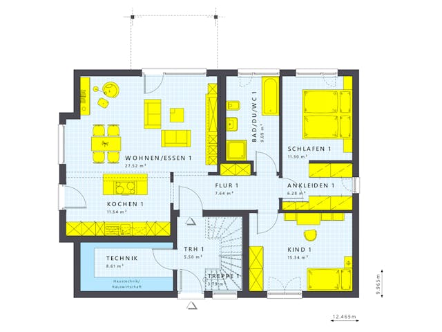 Fertighaus SOLUTION 204 V3 L von Living Fertighaus Schlüsselfertig ab 489984€, Satteldach-Klassiker Grundriss 1