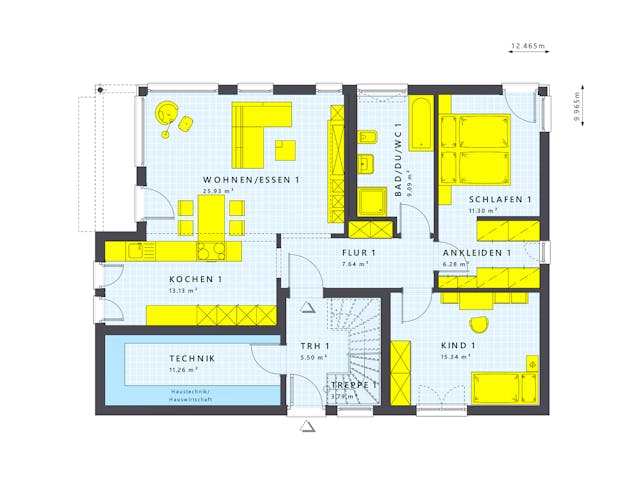 Fertighaus SOLUTION 204 V4 L von Living Fertighaus Schlüsselfertig ab 489357€, Satteldach-Klassiker Grundriss 1