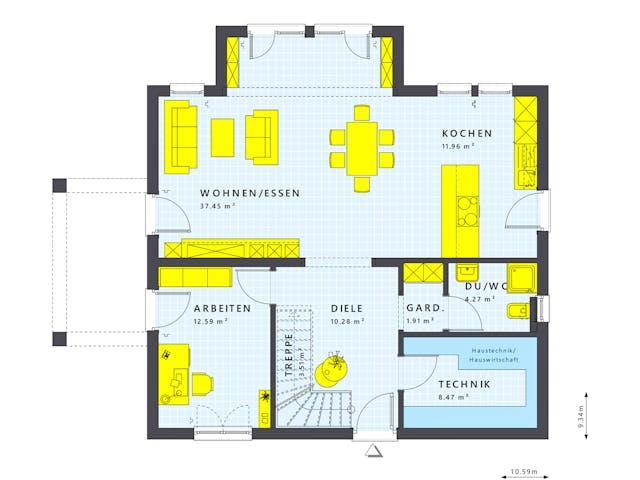 Fertighaus SUNSHINE 165 V5 von Living Fertighaus Schlüsselfertig ab 359290€, Satteldach-Klassiker Grundriss 1