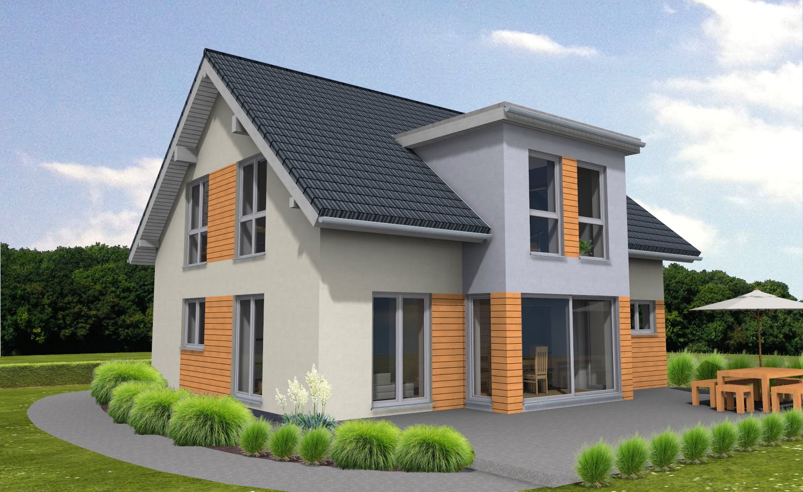 Fertighaus Lifestyle 156 von Suckfüll Energiesparhaus Schlüsselfertig ab 397450€, Satteldach-Klassiker Außenansicht 1