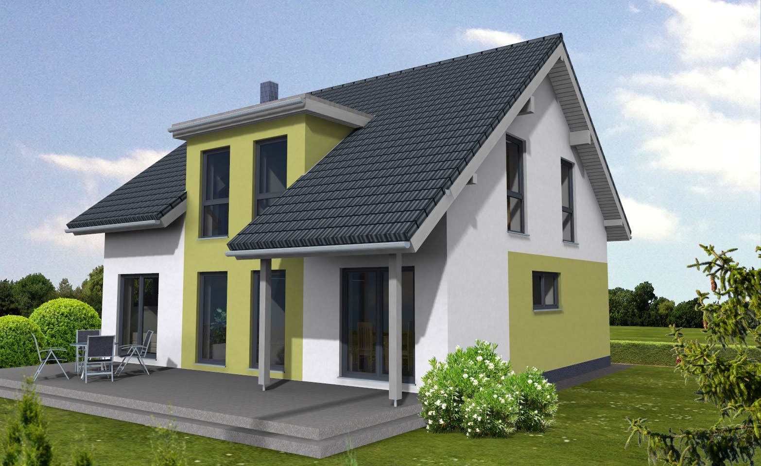 Fertighaus Lifestyle 163 von Suckfüll Energiesparhaus Schlüsselfertig ab 386300€, Satteldach-Klassiker Außenansicht 1