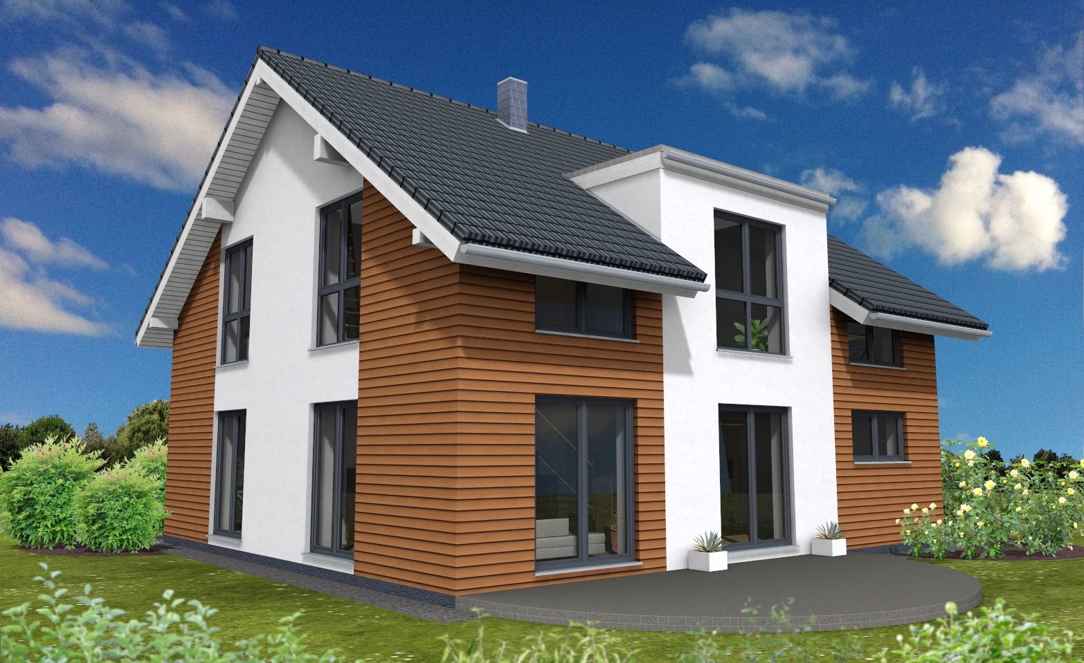 Fertighaus Lifestyle 179 von Suckfüll Energiesparhaus Schlüsselfertig ab 408850€, Satteldach-Klassiker Außenansicht 1