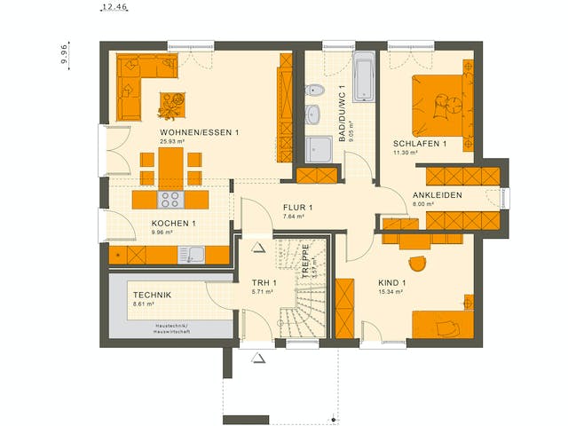 Fertighaus SOLUTION 204 V4 L von Living Fertighaus Ausbauhaus ab 489357€, Satteldach-Klassiker Grundriss 1