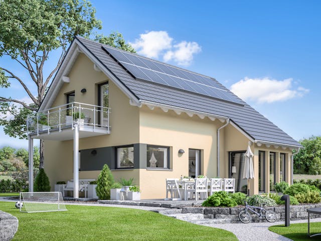 Fertighaus SUNSHINE 125 V2 von Living Fertighaus Schlüsselfertig ab 362591€, Satteldach-Klassiker Außenansicht 1