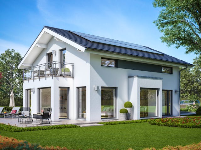 Fertighaus SUNSHINE 143 V4 von Living Fertighaus Schlüsselfertig ab 388921€, Satteldach-Klassiker Außenansicht 1