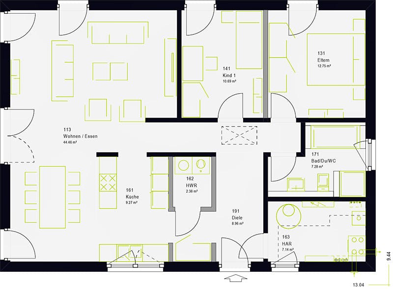 Fertighaus ComfortStyle 10.01 P von massa haus Ausbauhaus ab 140999€, Bungalow Grundriss 1