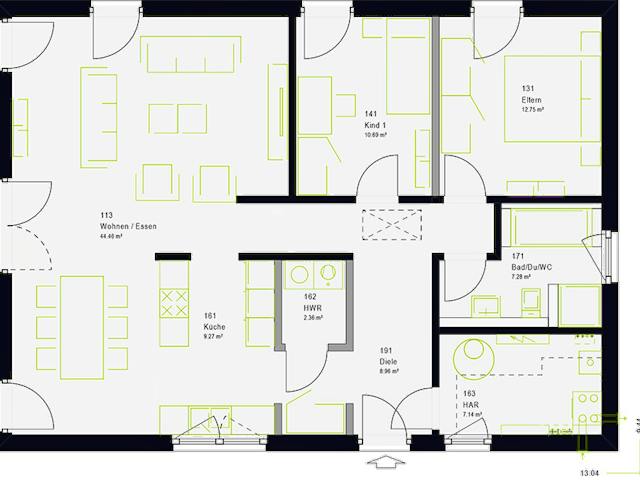 Fertighaus ComfortStyle 10.01 P von massa haus Ausbauhaus ab 140999€, Bungalow Grundriss 1