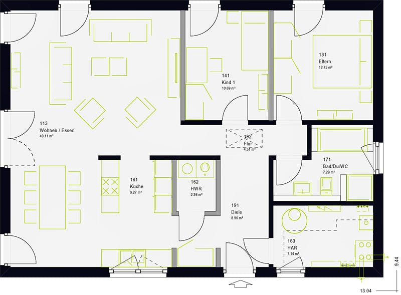 Fertighaus ComfortStyle 10.01 W von massa haus Ausbauhaus ab 134999€, Bungalow Grundriss 1