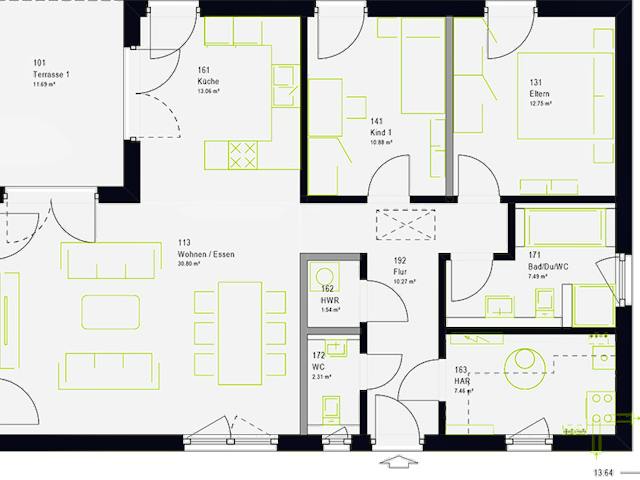 Fertighaus ComfortStyle 10.02 P von massa haus Ausbauhaus ab 144999€, Bungalow Grundriss 1