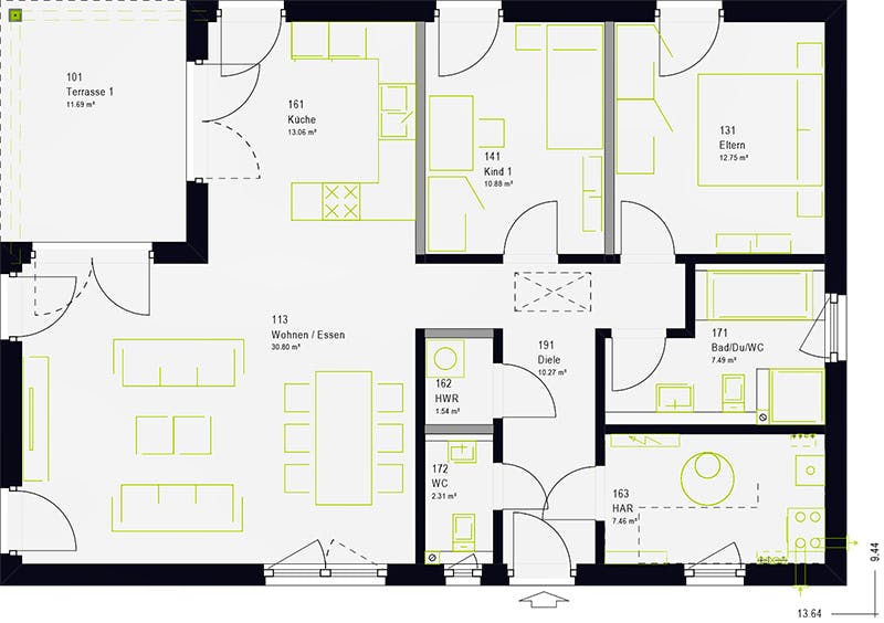 Fertighaus ComfortStyle 10.02 W von massa haus Ausbauhaus ab 139999€, Bungalow Grundriss 1