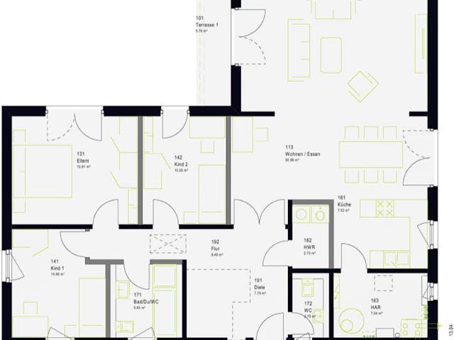 Fertighaus ComfortStyle 13.01 W von massa haus Ausbauhaus ab 158999€, Bungalow Grundriss 1