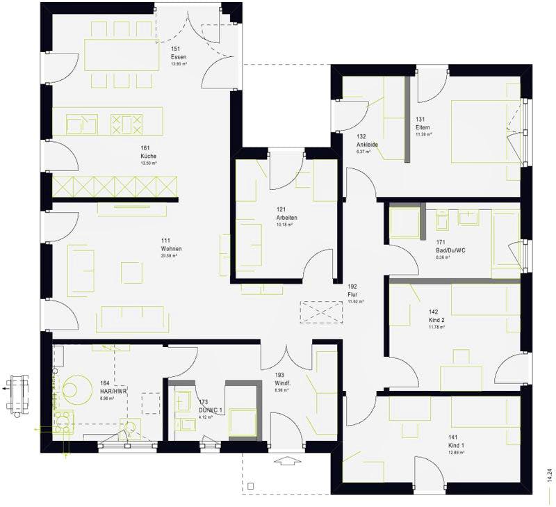 Fertighaus ComfortStyle 14.01 P von massa haus Ausbauhaus ab 180999€, Bungalow Grundriss 1