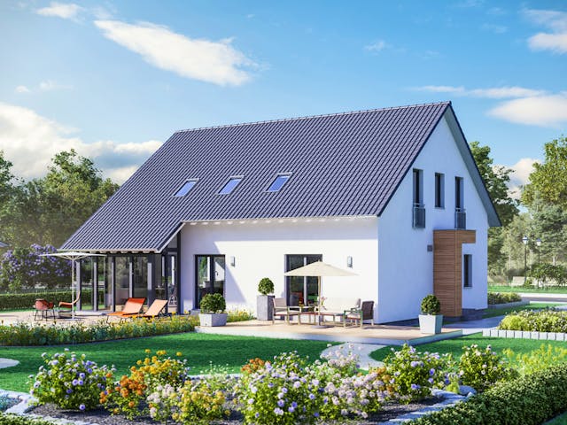 Fertighaus FamilyStyle 23.01 S von massa haus Ausbauhaus ab 186999€, Satteldach-Klassiker Außenansicht 1