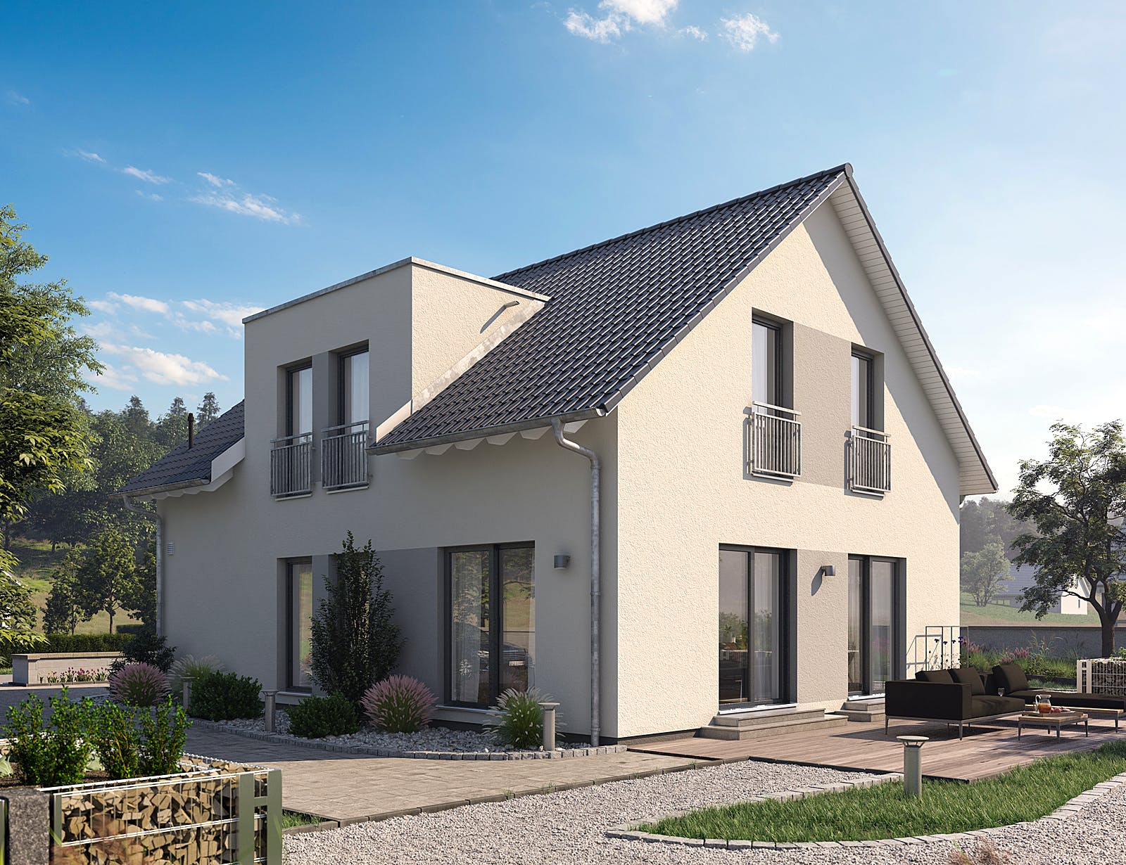 Fertighaus LifeStyle 18.07 S von massa haus Ausbauhaus ab 157999€, Satteldach-Klassiker Außenansicht 1
