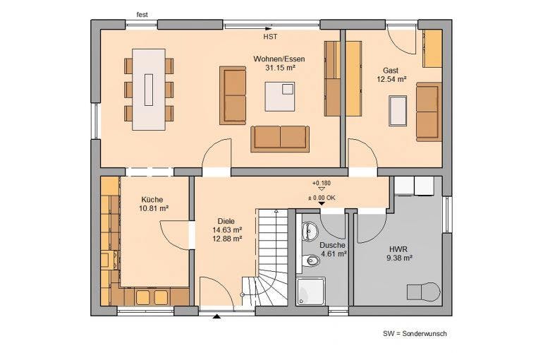 Massivhaus ARCHITEKTENHAUS SIGNUM von Kern-Haus Chemnitz Schlüsselfertig ab 343900€, Satteldach-Klassiker Grundriss 1