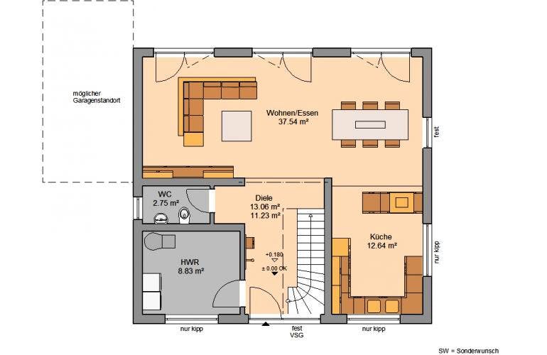 Massivhaus ARCHITEKTENHAUS TREND von Kern-Haus Chemnitz Schlüsselfertig ab 327900€, Satteldach-Klassiker Grundriss 1