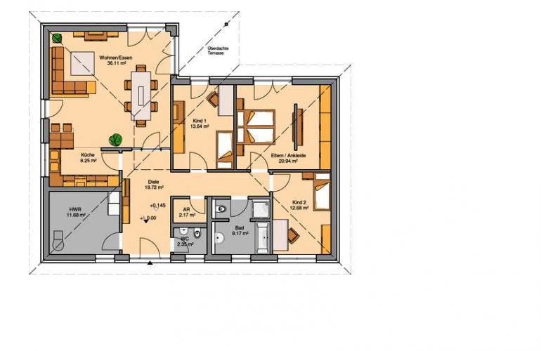 Massivhaus BALANCE KLINKER von Kern-Haus Chemnitz Schlüsselfertig ab 403900€, Bungalow Grundriss 1
