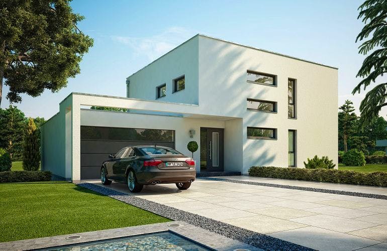 Massivhaus BAUHAUS CUBE mit Doppelgarage von Kern-Haus Chemnitz Schlüsselfertig ab 502900€, Cubushaus Außenansicht 1