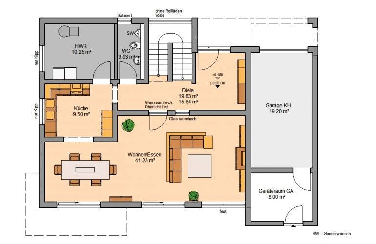 Massivhaus BAUHAUS CUBE mit Doppelgarage von Kern-Haus Chemnitz Schlüsselfertig ab 502900€, Cubushaus Grundriss 1