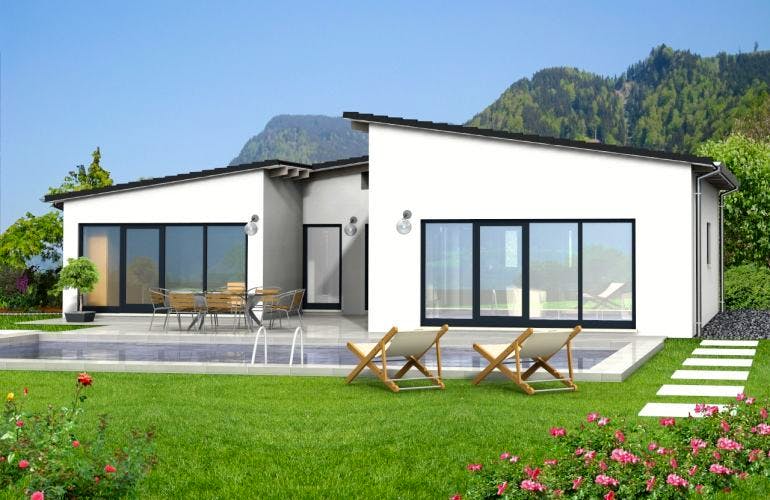 Massivhaus Bungalow 30 von Grundsteinhaus Schlüsselfertig ab 179200€, Bungalow Außenansicht 1