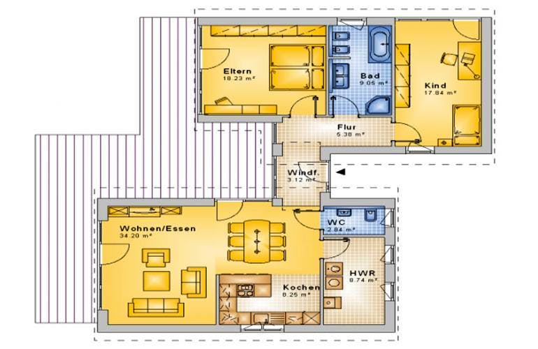 Massivhaus Bungalow 30 von Grundsteinhaus Schlüsselfertig ab 179200€, Bungalow Grundriss 1