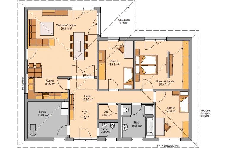 Massivhaus BUNGALOW BALANCE von Kern-Haus Chemnitz Schlüsselfertig ab 342900€, Bungalow Grundriss 1