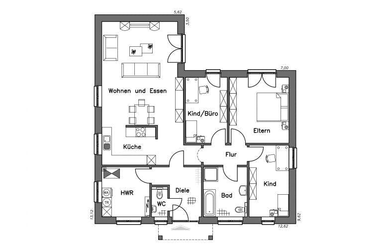Massivhaus Bungalow BL 115 Variante K von Baudirekt,  Grundriss 1