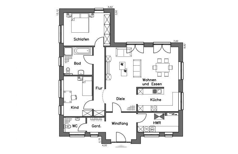 Massivhaus Bungalow BL 115 Variante M von Baudirekt,  Grundriss 1
