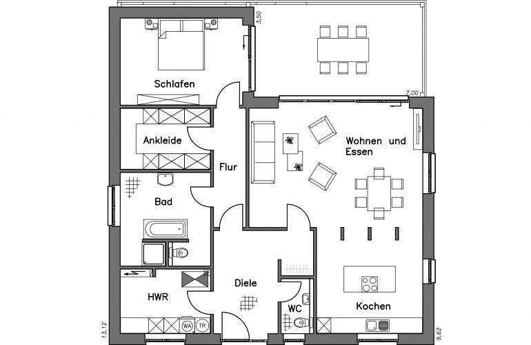Massivhaus Bungalow BL 115 Variante T von Baudirekt,  Grundriss 1