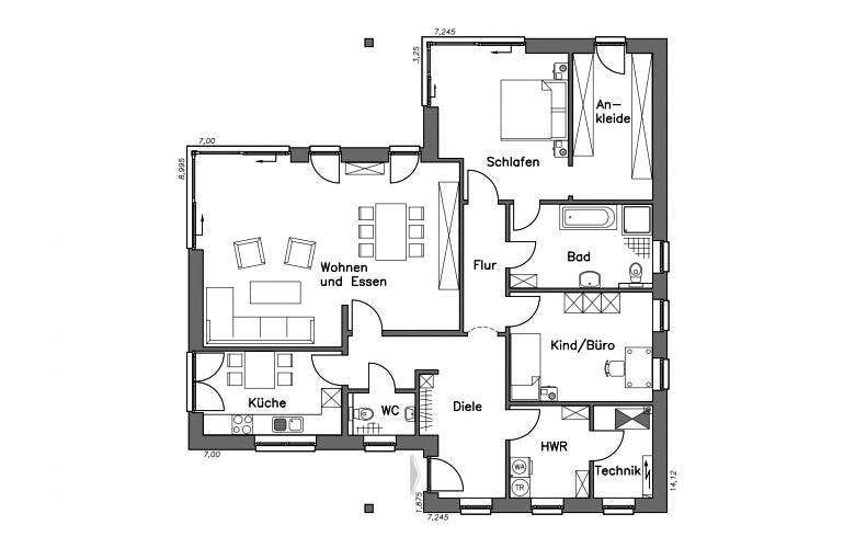 Massivhaus Bungalow BL 135 Variante M von Baudirekt, Bungalow Grundriss 1