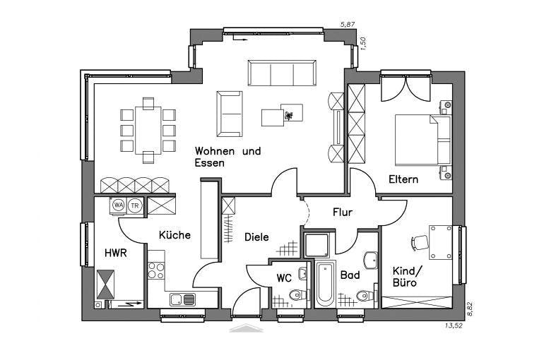 Massivhaus Bungalow BL 95 Variante K von Baudirekt, Bungalow Grundriss 1