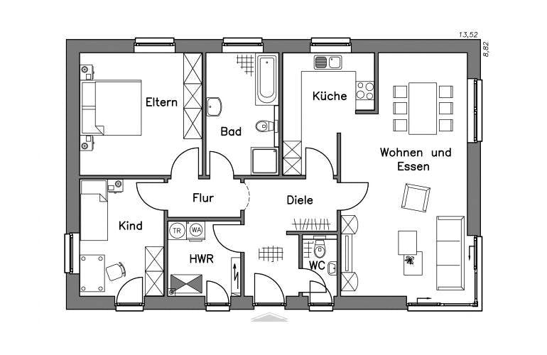 Massivhaus Bungalow BL 95 Variante M von Baudirekt, Bungalow Grundriss 1
