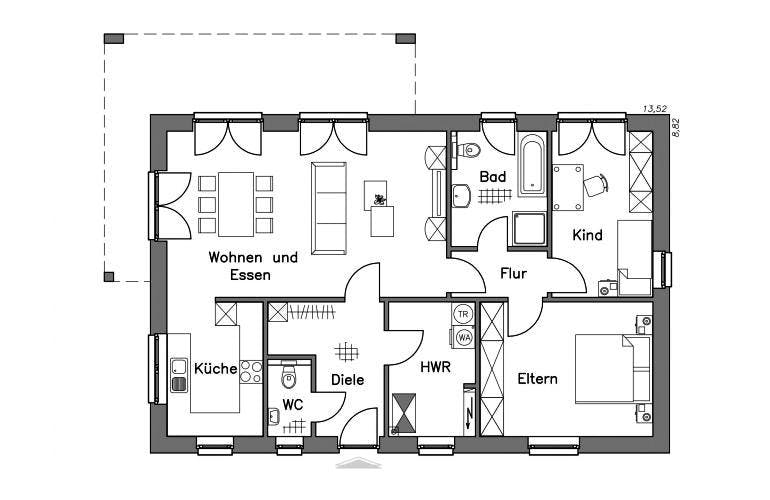 Massivhaus Bungalow BL 95 Variante T von Baudirekt, Bungalow Grundriss 1