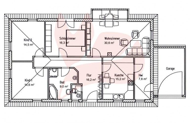 Massivhaus Bungalow Buche 126 von Baufuchs-Massivhaus Schlüsselfertig ab 226800€, Bungalow Grundriss 1