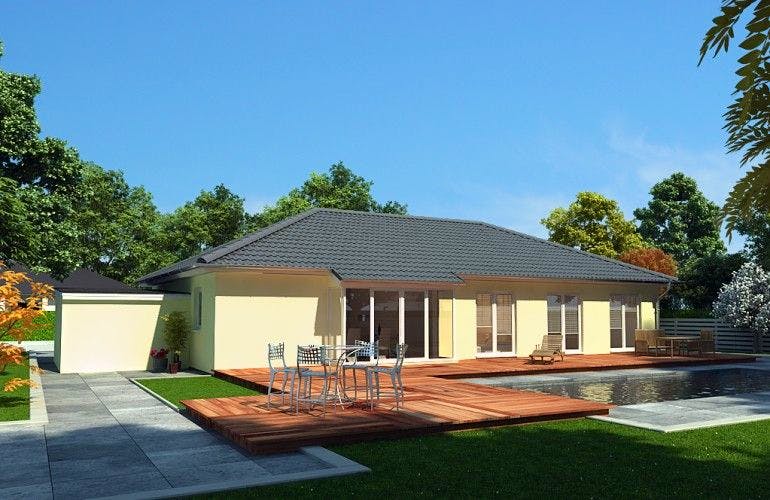 Massivhaus Bungalow Buche 158 von Baufuchs-Massivhaus Schlüsselfertig ab 282000€, Bungalow Außenansicht 1