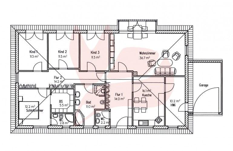 Massivhaus Bungalow Buche 158 von Baufuchs-Massivhaus Schlüsselfertig ab 282000€, Bungalow Grundriss 1