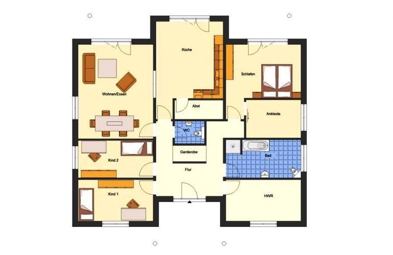 Massivhaus Bungalow Elbblick von EWA Hausbau Schlüsselfertig ab 339990€, Bungalow Grundriss 1