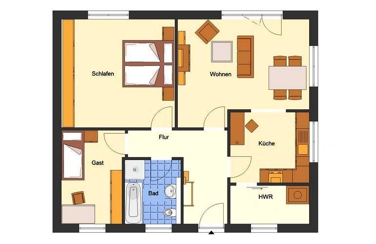 Massivhaus Bungalow Fehmarn von EWA Hausbau Schlüsselfertig ab 217990€, Bungalow Grundriss 1