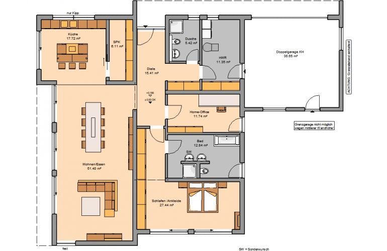 Massivhaus BUNGALOW PUREA von KHC Bauträger Schlüsselfertig ab 412900€, Bungalow Grundriss 1